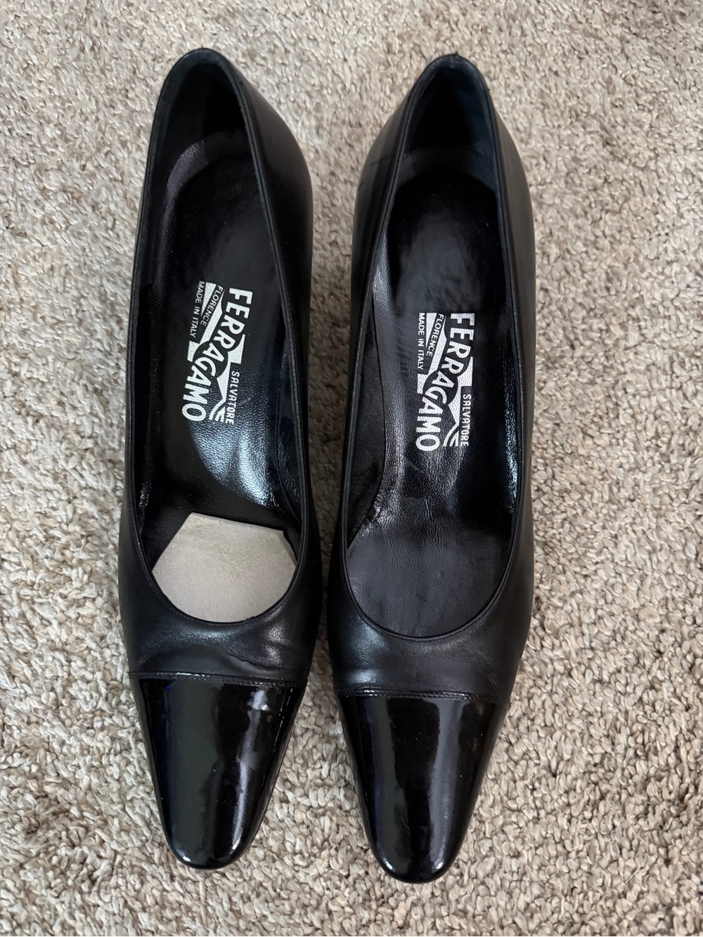 Salvatore Ferragamo Black Leather Patent Cap Toe Pumps 7.5 B Italy
